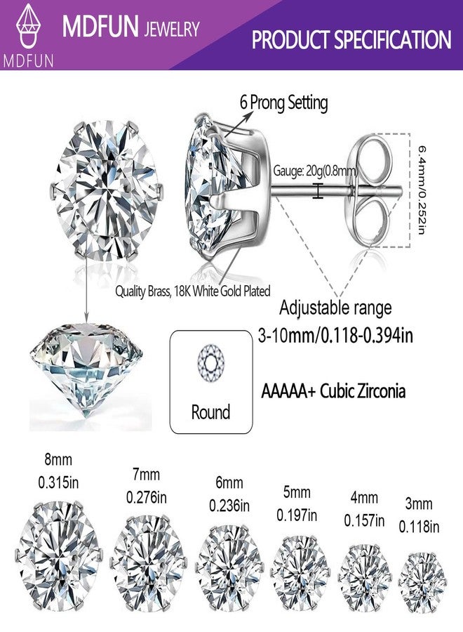 MDFUN 18K White Gold Plated Earrings Set 4 MM Round Clear Cubic Zirconia Stud Earrings Hypoallergenic CZ 6 Prong Ears Jewelry for Women - Pack of 6 Pairs - Image 5