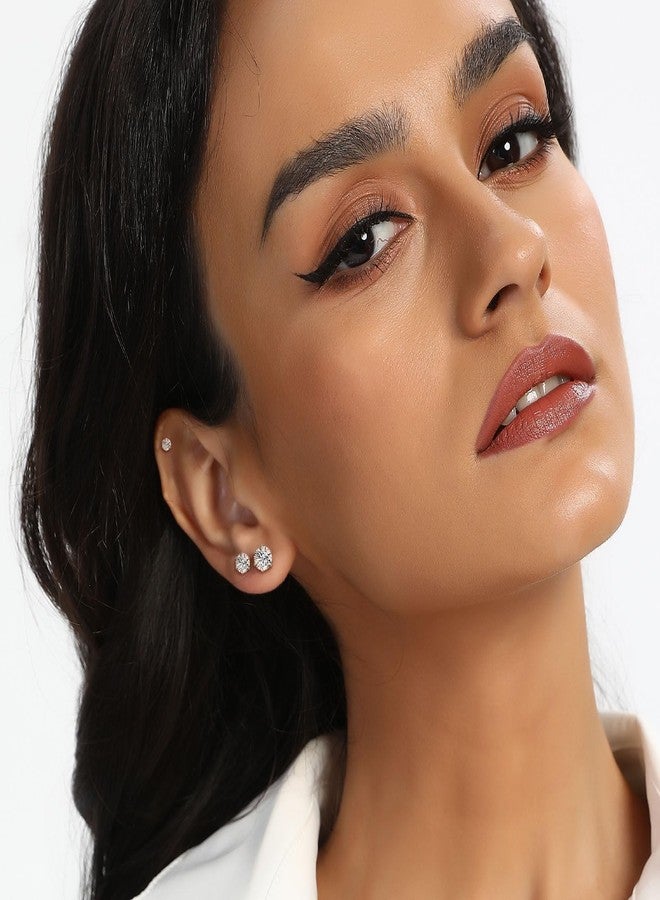 MDFUN 18K White Gold Plated Earrings Set 4 MM Round Clear Cubic Zirconia Stud Earrings Hypoallergenic CZ 6 Prong Ears Jewelry for Women - Pack of 6 Pairs - Image 2