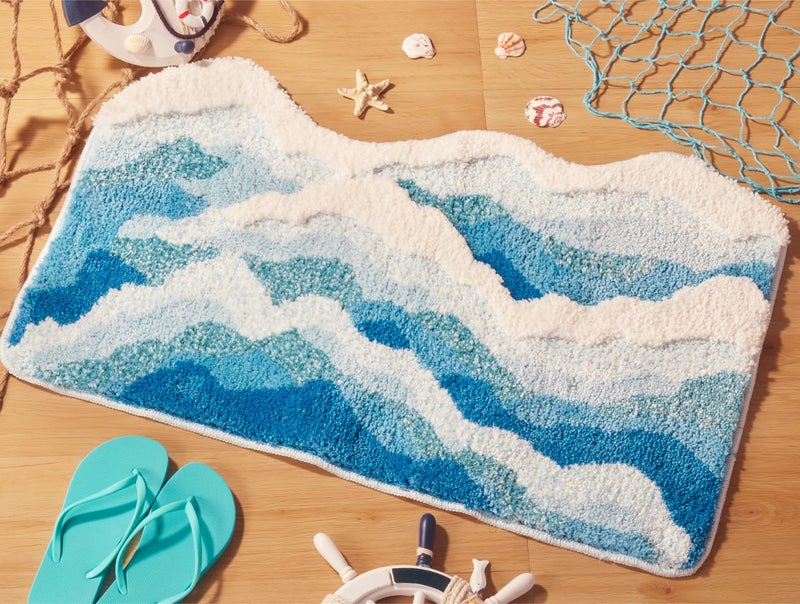 DyeFury Large Blue Ocean Wave Bath Mat, Cute Funky Bathroom Rugs for Coastal Beach Nautical Themed Decor, Non-Slip Washable Accent Rug for Bedroom Kitchen, Trendy Tufted Shower Mats 47"x 24" - Image 1