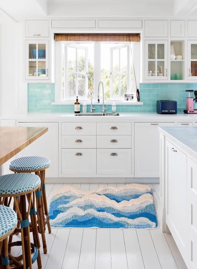 DyeFury Large Blue Ocean Wave Bath Mat, Cute Funky Bathroom Rugs for Coastal Beach Nautical Themed Decor, Non-Slip Washable Accent Rug for Bedroom Kitchen, Trendy Tufted Shower Mats 47"x 24" - Image 2