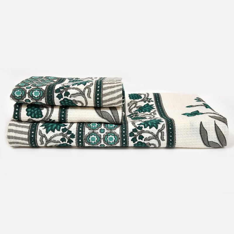 EasyGoods Waffle Towels Beautiful Pure Cotton Hand Block Printed Soft Water Absorbent Towels Pack of 31 Bath Towel and 2 Hand Towels Floral Printed 100 Cotton Towels for Bath FaceGarden Green - Image 3