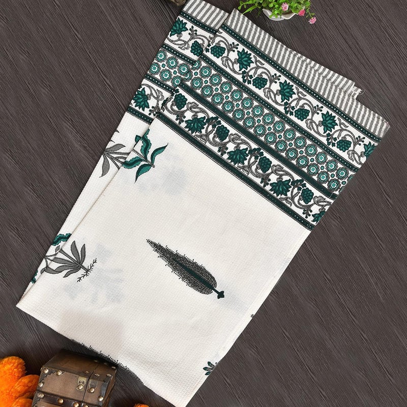EasyGoods Waffle Towels Beautiful Pure Cotton Hand Block Printed Soft Water Absorbent Towels Pack of 31 Bath Towel and 2 Hand Towels Floral Printed 100 Cotton Towels for Bath FaceGarden Green - Image 1
