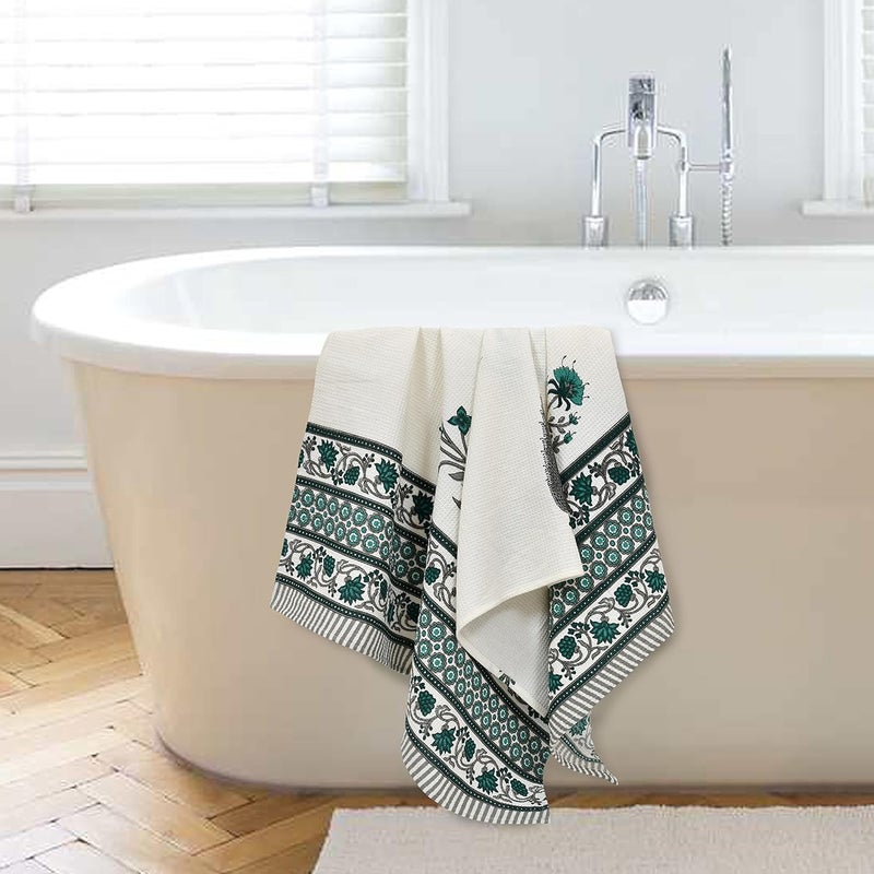 EasyGoods Waffle Towels Beautiful Pure Cotton Hand Block Printed Soft Water Absorbent Towels Pack of 31 Bath Towel and 2 Hand Towels Floral Printed 100 Cotton Towels for Bath FaceGarden Green - Image 2