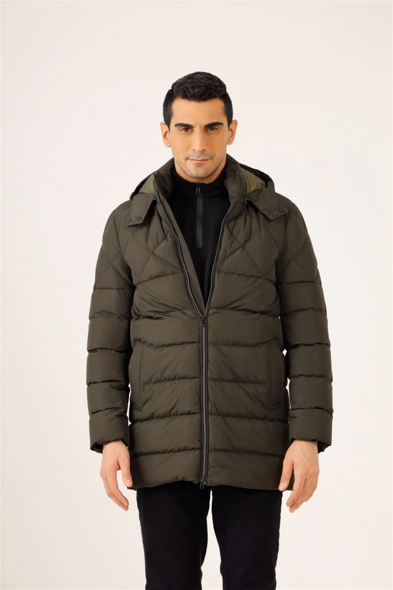 دوفي Khaki Men's Slim Fit Hooded Coat