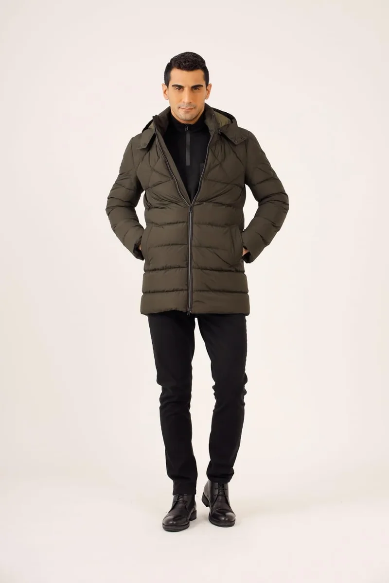 دوفي Khaki Men's Slim Fit Hooded Coat