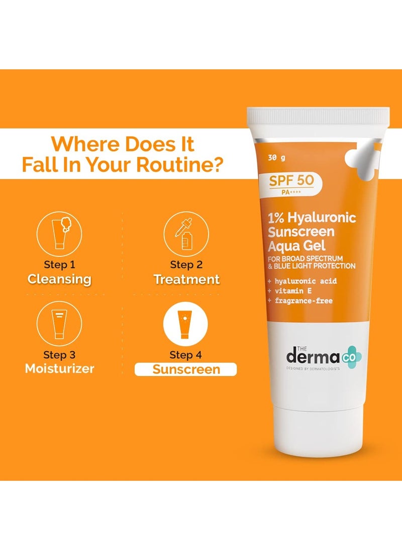 THE derma Co - The Derma Co 1% Hyaluronic Sunscreen SPF 50 Aqua Gel PA++++ Lightweight No white-cast for Broad Spectrum and Blue Light Protection for Oily Dry Acne-prone Skin - 30g - Image 1