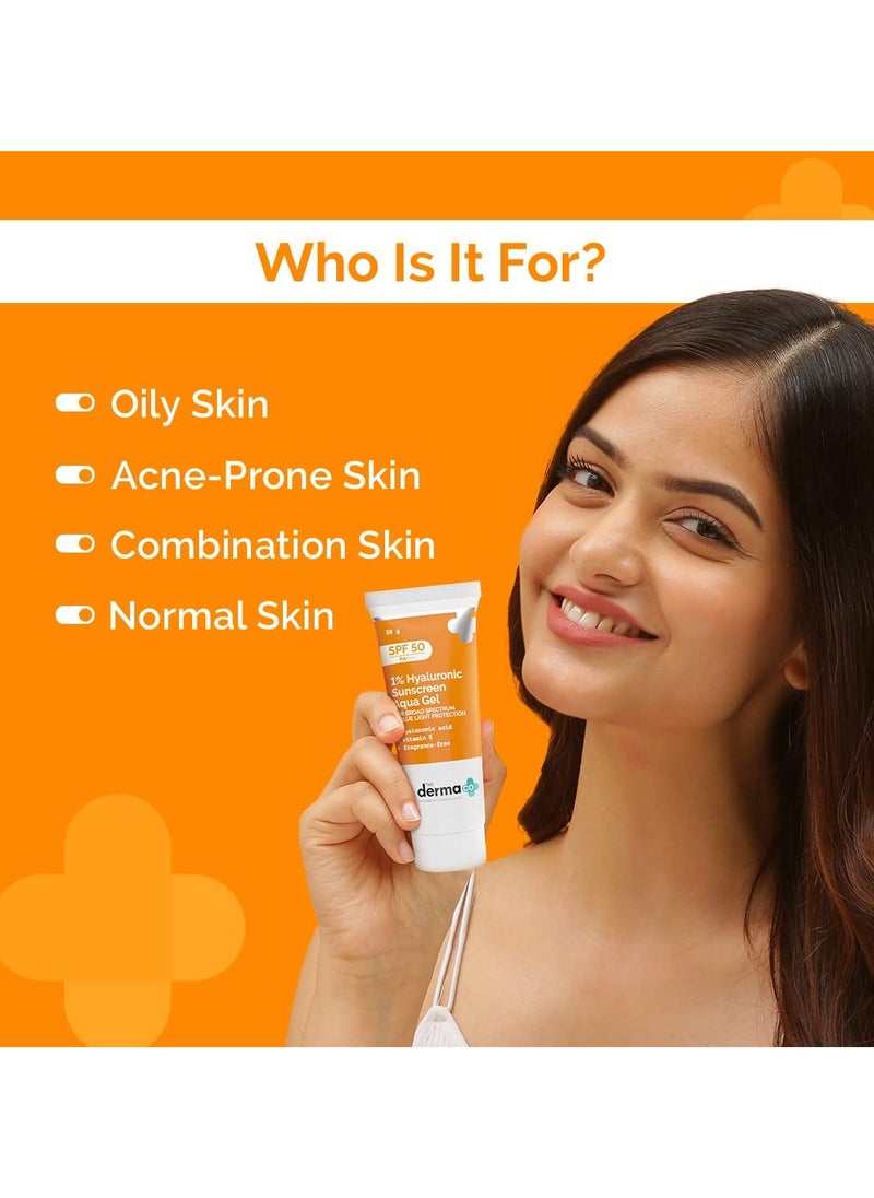 THE derma Co - The Derma Co 1% Hyaluronic Sunscreen SPF 50 Aqua Gel PA++++ Lightweight No white-cast for Broad Spectrum and Blue Light Protection for Oily Dry Acne-prone Skin - 30g - Image 1