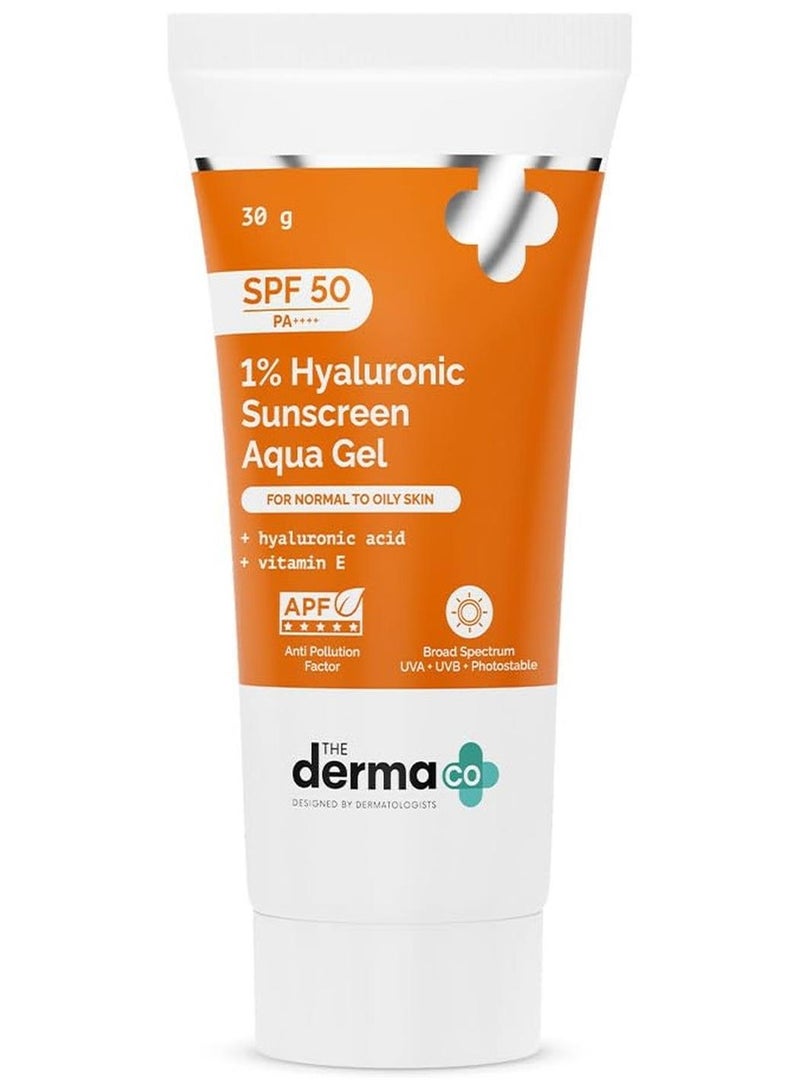 The Derma Co 1% Hyaluronic Sunscreen SPF 50 Aqua Gel PA++++ Lightweight No white-cast for Broad Spectrum and Blue Light Protection for Oily Dry Acne-prone Skin - 30g - Image 1