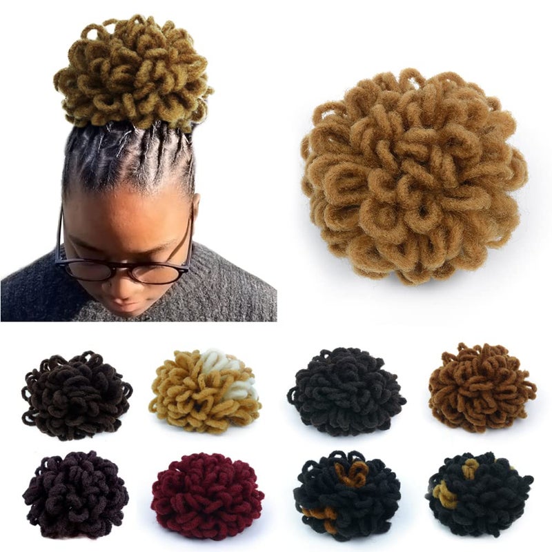 Light Brown Locs Ponytail Drawstring Buns for Black Women Dreadlock Ponytail Curly Loc Petal Bun Braided Faux Locs Bun Clip in on Braids Hairpieces27