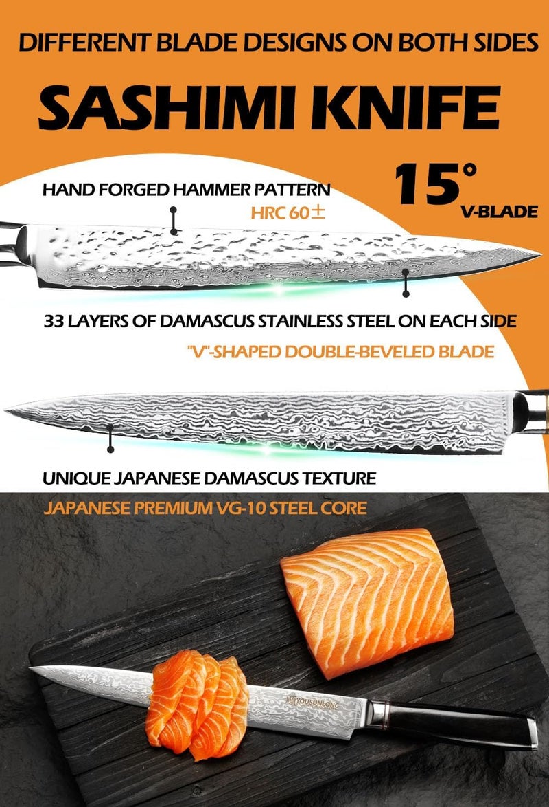 YOUSUNLONG Yanagiba Knife 24.5cm - Japanese Damascus Steel Sushi & Sashimi Knife - Walnut Wood Sheath and Ebony Handle - Professional Chef Knife for Precision Slicing Fish,Meat,Poultry-Gift for Chefs - Image 2