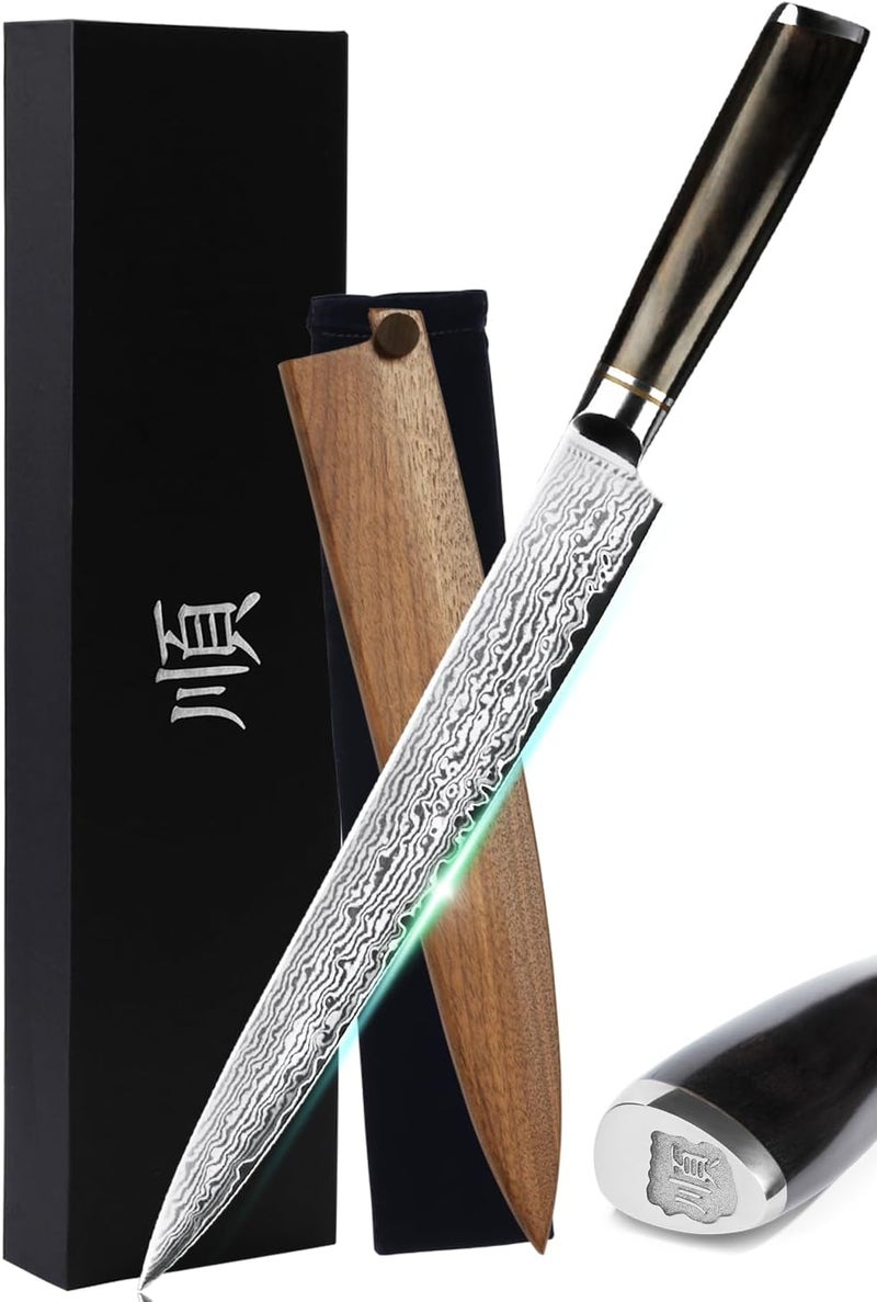 YOUSUNLONG Yanagiba Knife 24.5cm - Japanese Damascus Steel Sushi & Sashimi Knife - Walnut Wood Sheath and Ebony Handle - Professional Chef Knife for Precision Slicing Fish,Meat,Poultry-Gift for Chefs - Image 1