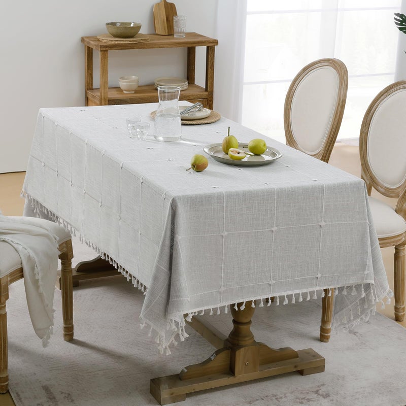 Softalker Linen Tablecloth Rectangle, Outdoor Waterproof Burlap Cotton Farmhouse Table Cloths with Tassel, Heavy Weight Wrinkle Free Table Cover for Dining, Party, Rustic - 55 x 70 Inch, Grey Plaid - Image 2