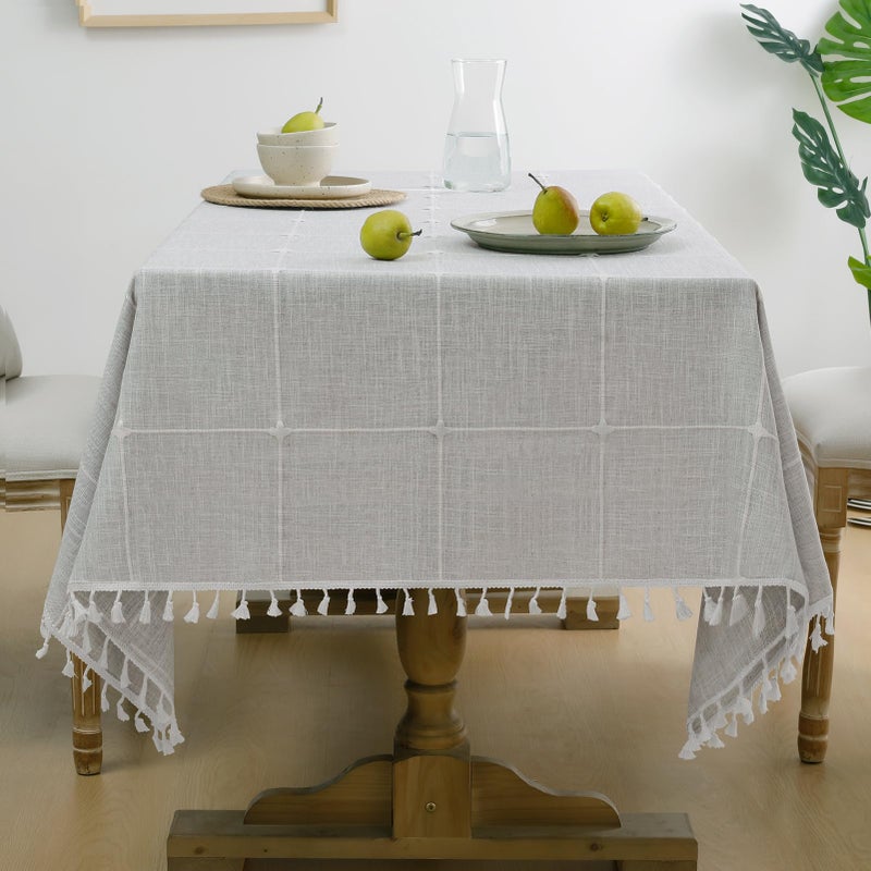 Softalker Linen Tablecloth Rectangle, Outdoor Waterproof Burlap Cotton Farmhouse Table Cloths with Tassel, Heavy Weight Wrinkle Free Table Cover for Dining, Party, Rustic - 55 x 70 Inch, Grey Plaid - Image 1