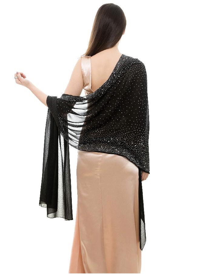 Reemonde REEMONDE Womens Pashmina Shawls and Wraps for Evening Dresses Chiffon Bridal Shawl for Wedding Dressy Rhinestones Sparkly Scarf (Black)  - Image 3