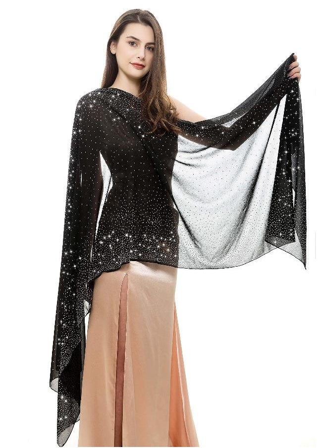 Reemonde REEMONDE Womens Pashmina Shawls and Wraps for Evening Dresses Chiffon Bridal Shawl for Wedding Dressy Rhinestones Sparkly Scarf (Black)  - Image 1