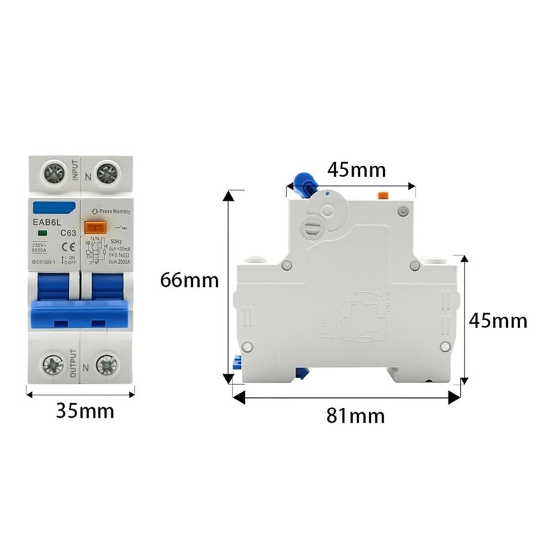 2P 63A RCBO Residual Current Circuit Breaker Overload Short Circuit Protection - Image 3