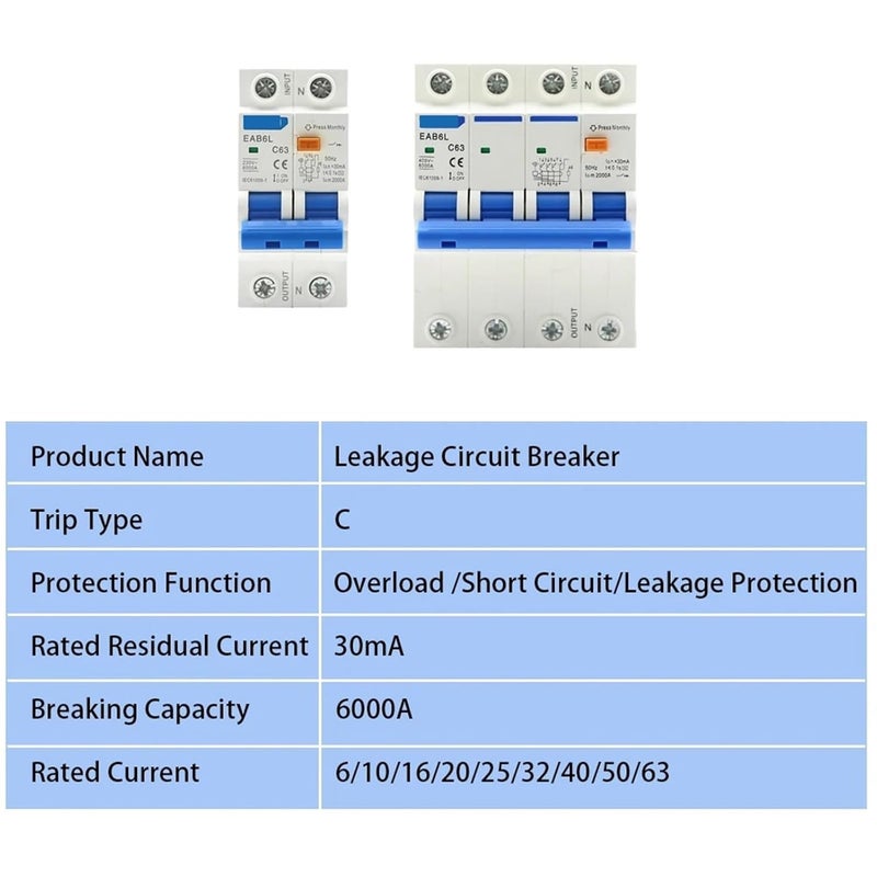 2P 63A RCBO Residual Current Circuit Breaker Overload Short Circuit Protection - Image 5