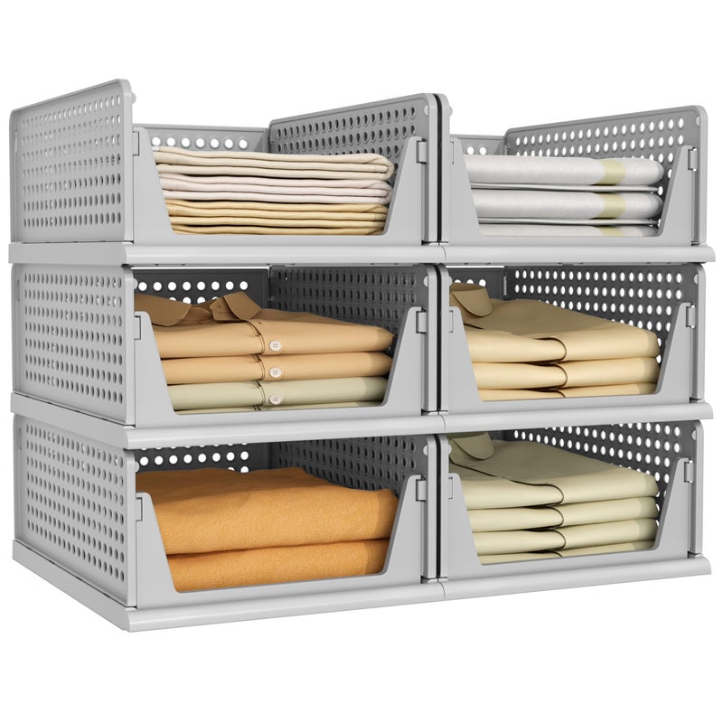Pinkpum Grey 6 Pack Closet Organizers Storage Bins, Stackable Plastic Drawer Basket for Clothing, Stackable Storage Bins Shelf Storage Container for Closet Wardrobe Bedroom Bathroom Office - Image 1