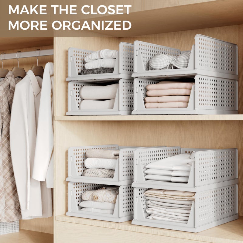 Pinkpum Grey 6 Pack Closet Organizers Storage Bins, Stackable Plastic Drawer Basket for Clothing, Stackable Storage Bins Shelf Storage Container for Closet Wardrobe Bedroom Bathroom Office - Image 4