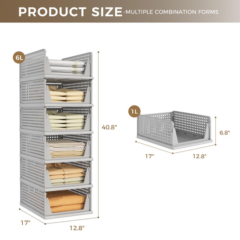 Pinkpum Grey 6 Pack Closet Organizers Storage Bins, Stackable Plastic Drawer Basket for Clothing, Stackable Storage Bins Shelf Storage Container for Closet Wardrobe Bedroom Bathroom Office - Image 5