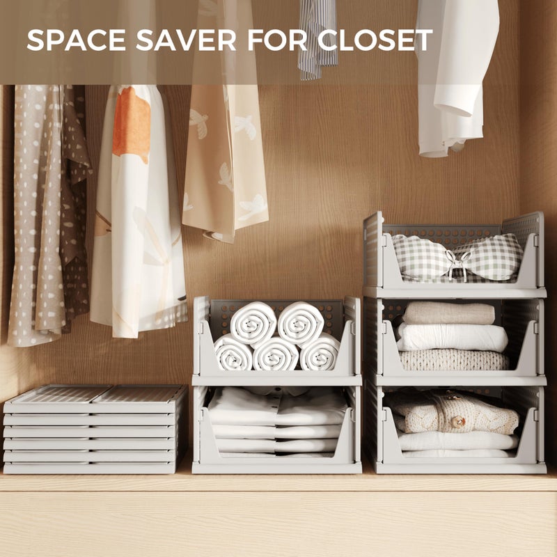 Pinkpum Grey 6 Pack Closet Organizers Storage Bins, Stackable Plastic Drawer Basket for Clothing, Stackable Storage Bins Shelf Storage Container for Closet Wardrobe Bedroom Bathroom Office - Image 3