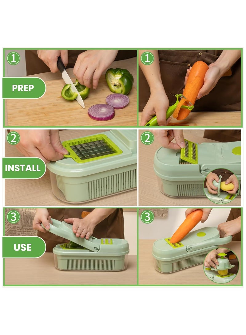 ALASAMCO Vegetable Chopper, Multifunctional Vegetable Salad Chopper, Mandoline Vegetable Slicer with 9 Blades for Kitchen, Cooking & Meal Prep (17 in 1-Green) - Image 5