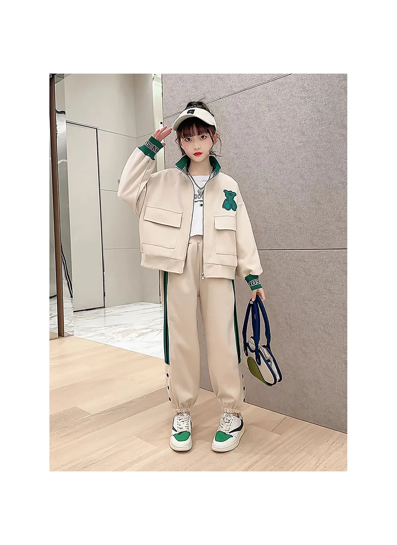 صندوق المفاجآت الصغيرة Casual Green Teddy & Cream 2Pcs Track Suit Set For Kids & Tweens-10-11Y