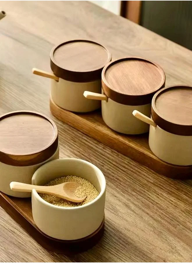 QUESERA Set of 3 CERAMIC  Serving Bowls with Lids and A wooden tray and a spoon, Divided Serving Dishes Removable Snack Bowls for Appetizers, Chips, Fruits, Nuts, Candy, Condiments (Grey)