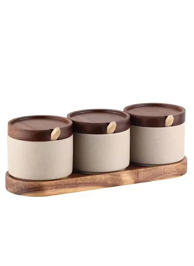 QUESERA Set of 3 CERAMIC  Serving Bowls with Lids and A wooden tray and a spoon, Divided Serving Dishes Removable Snack Bowls for Appetizers, Chips, Fruits, Nuts, Candy, Condiments (Grey)