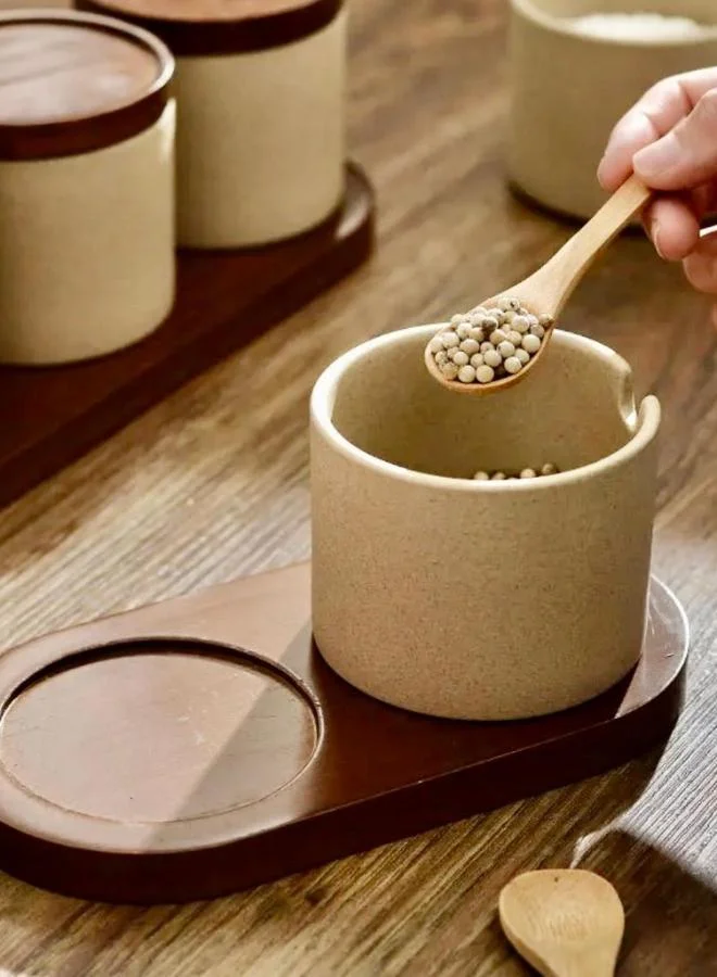 QUESERA Set of 3 CERAMIC  Serving Bowls with Lids and A wooden tray and a spoon, Divided Serving Dishes Removable Snack Bowls for Appetizers, Chips, Fruits, Nuts, Candy, Condiments (Grey)