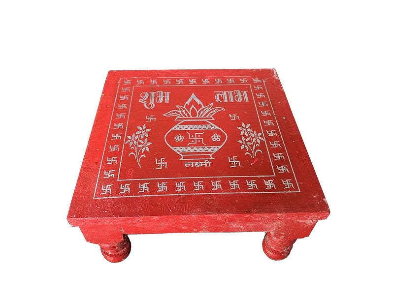 Square Wood Chowki for Puja Shubh Laabh Painted Multi Use Handcrafted Pooja TableBajotPatla 15x15 chaurang