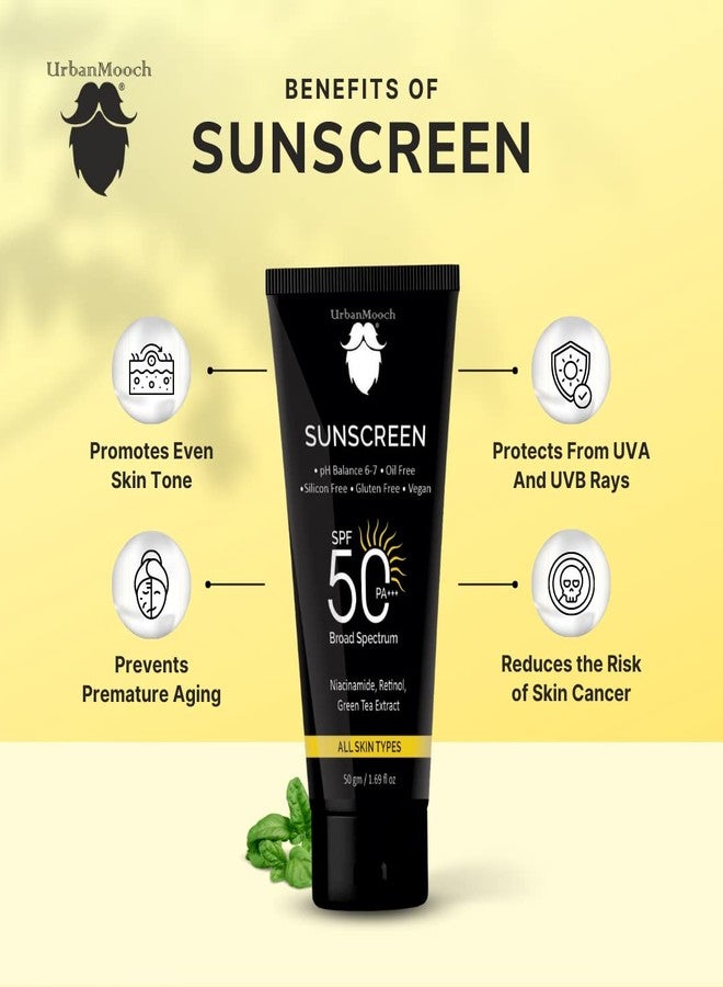 UrbanMooch Pack of 2 Daily Sunscreen For Men SPF 50 PA +++ | Sunscreen with Niacinamide | Broad Spectrum, No White Cast | Acne Safe | Non Greasy | For All Skin Types, Pack of 2 Each 50 gm - Image 2