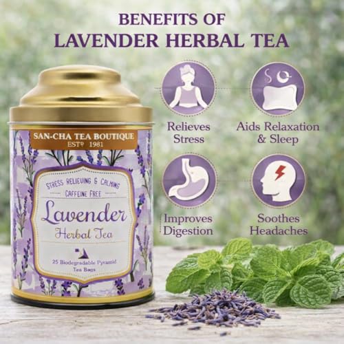 SAN-CHA Sancha Tea Boutique, Lavender Tea, Caffeine Free Herbal Tisane, 25 Pyramid Bags, Naturally Calming & Relaxing, Floral Herbal Infusion - Image 5