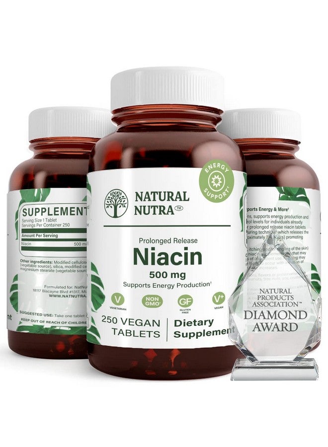 Natural Nutra Time-Release Slow Niacin 500mg (Vitamin B3), Support Healthy Cholesterol, Promotes Cardiovascular Health, Promotes Skin Cells and Improve Cognitive Function, 250 Vegan Tablets - Image 1