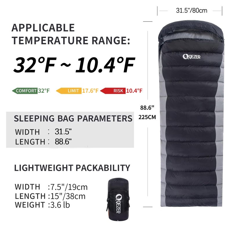 QEZER Down Sleeping Bag for Adults 600 Fill Power Cold Weather Sleeping Bag Ultralight with Compression Sack for Backpacking, Camping, Hiking - Image 2