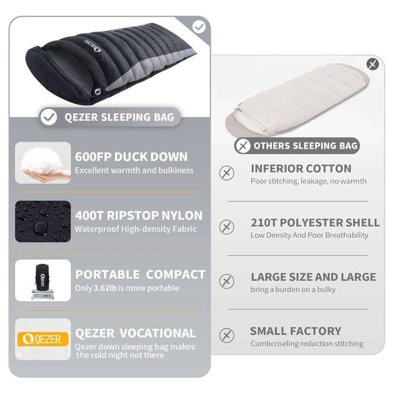 QEZER Down Sleeping Bag for Adults 600 Fill Power Cold Weather Sleeping Bag Ultralight with Compression Sack for Backpacking, Camping, Hiking - Image 4