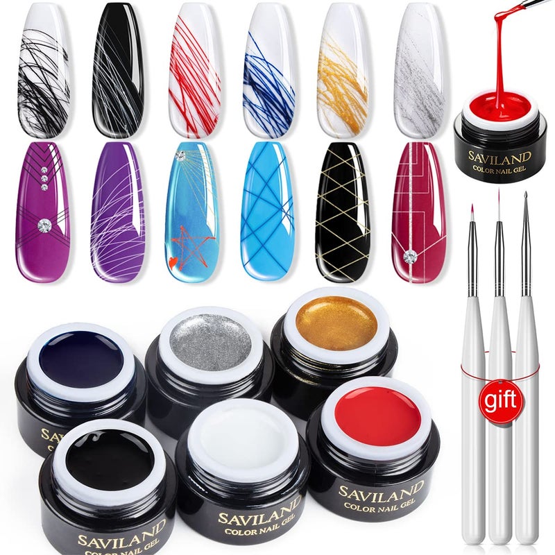 SAVILAND 6 Colors Spider Gel, New Upgraded Matrices Spider Gel with Nail Art Brushes, Nail Designs Paint Wire Drawing Gels Polish for Line (White Black Red Blue Gold Silver) - Image 1