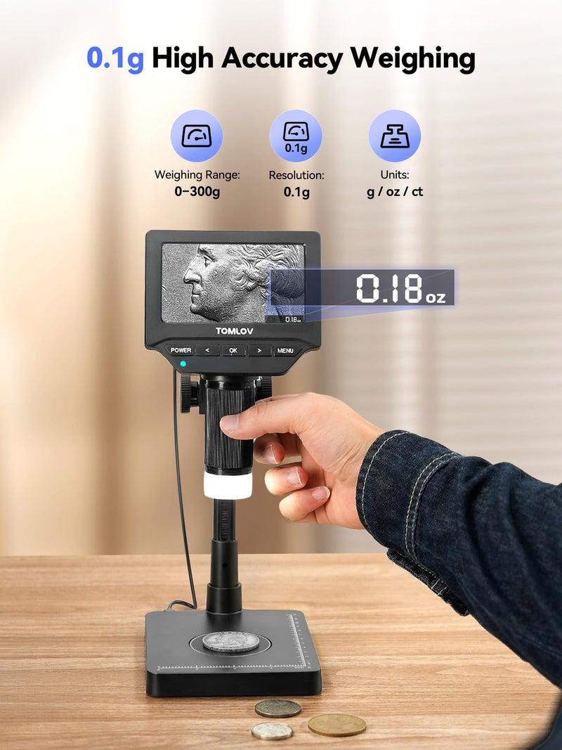 TOMLOV DM4W Microscope with Weighing Scale: 4.3" Digital Coin Microscope with Screen, Error Coin Magnifier with Lights, Weight Scale for Collectors, Jeweler, Students, Compatible with Windows/Mac - Image 2