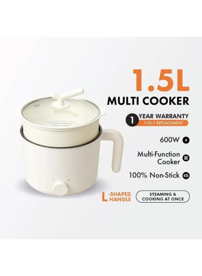1.5L Multi-Functional Electric Cooker & Hot Pot - 600W Portable Food Steamer & Rice Maker with Non-Stick Inner Pot - 2-Layer Design for Simultaneous Cooking & Steaming - Ideal for Home, Dorm & Travel (White/Gold - Image 2
