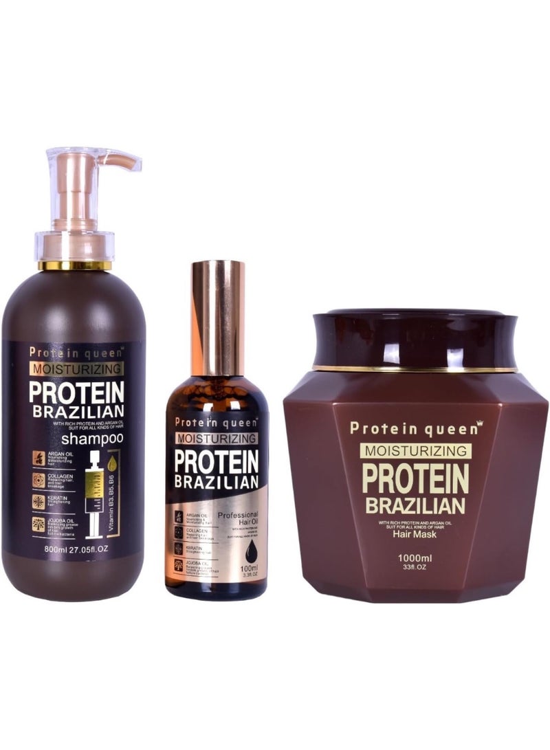 Protein Queen Brazilian Professional Hair Treatment Set, Keratine Moisturizing & Hair Loss Control, Repair, Nourishment. Featuring– SHAMPOO, HAIR MASK and SERUM– Sulfate-Free, Protein-Rich Formula (3pcs Set) - Image 1