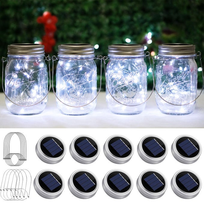 SOLAR MASON JAR LIGHTS 10 PACK 20 LED WATERPROOF OUTDOOR FAIRY FIREFLY STRING LIGHT LIDS WITH 10 HANGERS RUST RESIST FOR PATIO LAWN GARDEN WEDDING LANTERN DECOR NO JARS COOL WHITE