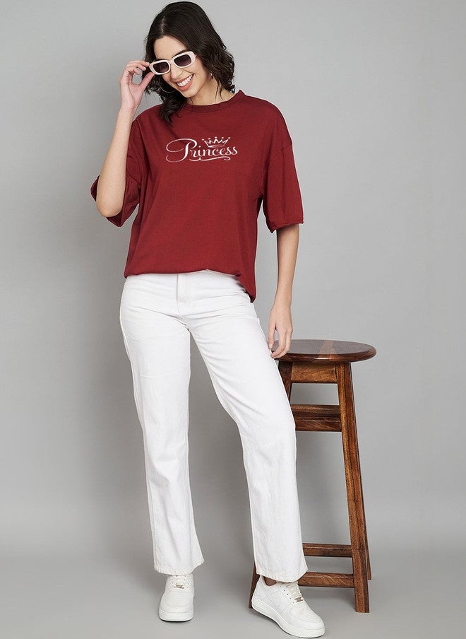 TREND LEVEL Maroon Typography Printed Oversized T-shirt for Women - Image 4