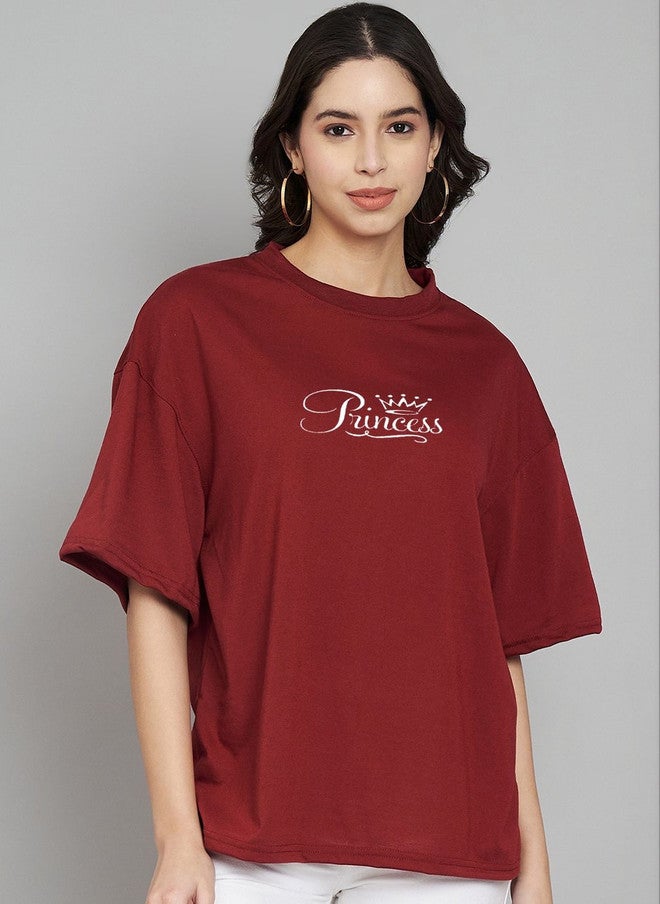 TREND LEVEL Maroon Typography Printed Oversized T-shirt for Women - Image 1