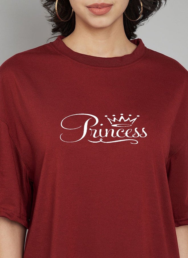 TREND LEVEL Maroon Typography Printed Oversized T-shirt for Women - Image 2