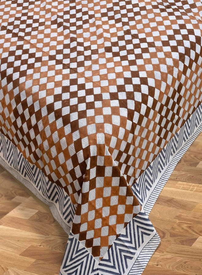 TOAI Hand Block Printed Bedsheet | Bed Spread Flatsheet Bed Sheet | Pure Cotton | Queen Size 90"x108" | 210 TC Luxury Cotton | 2 Reversible Pillow Covers |Brown Checks Blue Lines - Image 4
