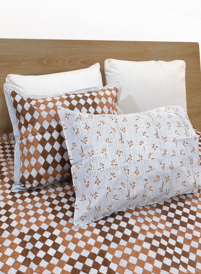 TOAI Hand Block Printed Bedsheet | Bed Spread Flatsheet Bed Sheet | Pure Cotton | Queen Size 90"x108" | 210 TC Luxury Cotton | 2 Reversible Pillow Covers |Brown Checks Blue Lines - Image 3