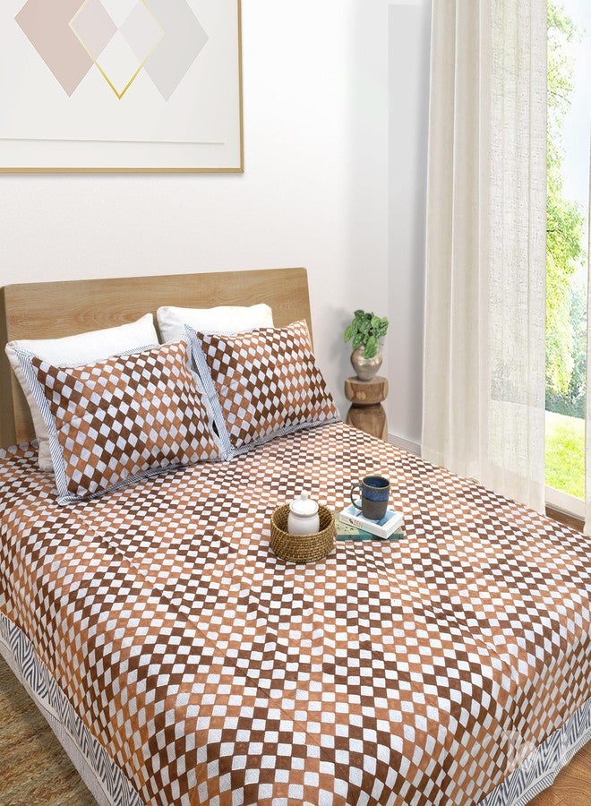 TOAI Hand Block Printed Bedsheet | Bed Spread Flatsheet Bed Sheet | Pure Cotton | Queen Size 90"x108" | 210 TC Luxury Cotton | 2 Reversible Pillow Covers |Brown Checks Blue Lines - Image 1