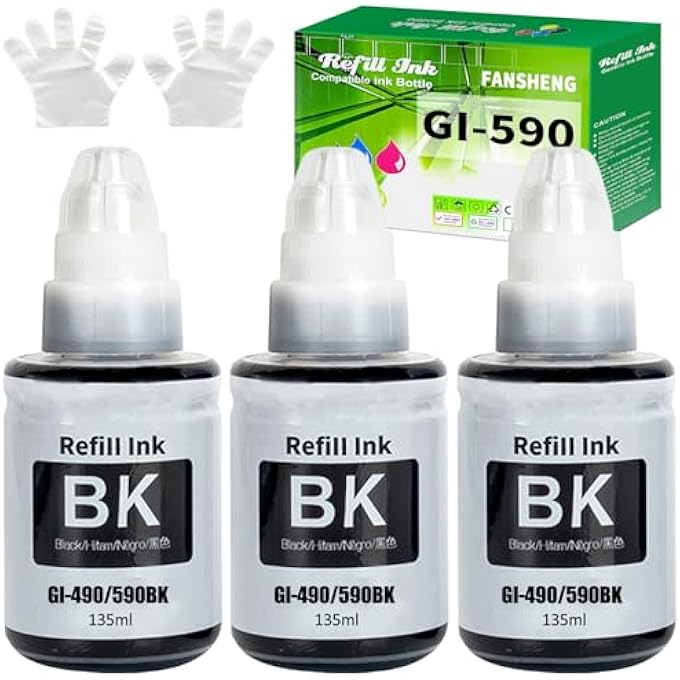 GI590 GI490 INK COMPATIBLE WITH CANON GI-590 GI-490 INK MISSING BOTTLES FOR PIXMA G1400 G1410 G2400 G2410 G3400 G4400 G4411 G1500 G1510 G2500 G2500 G2500 G2510 G3500 G3510 G4500 G1501 (3 PACK - Image 1