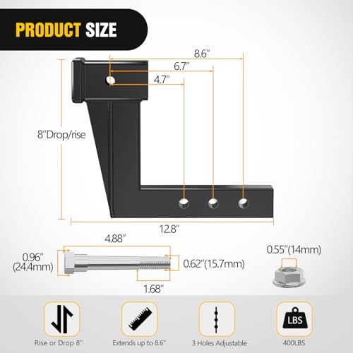 Nilight Trailer Hitch Extension Riser for 2 Inch Receiver with 8 Inch Rise or Drop with Bolt Nut Clip 10000 lbs Capacity Adjustable Extend 47 67 86 Length Black Coated for Class IVI Receivers - Image 4