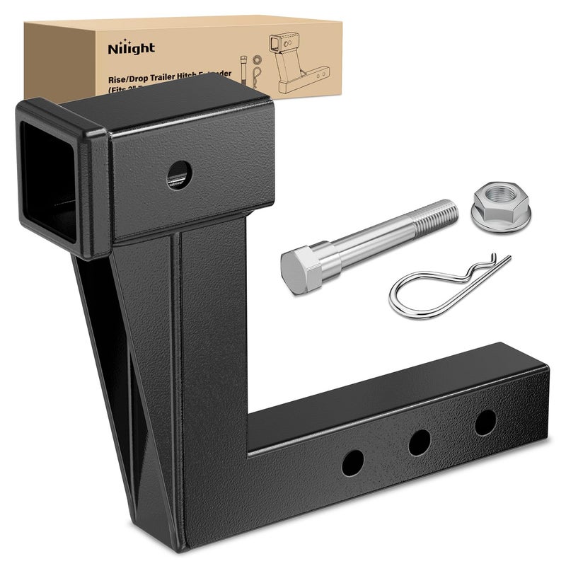 Nilight Trailer Hitch Extension Riser for 2 Inch Receiver with 8 Inch Rise or Drop with Bolt Nut Clip 10000 lbs Capacity Adjustable Extend 47 67 86 Length Black Coated for Class IVI Receivers - Image 2